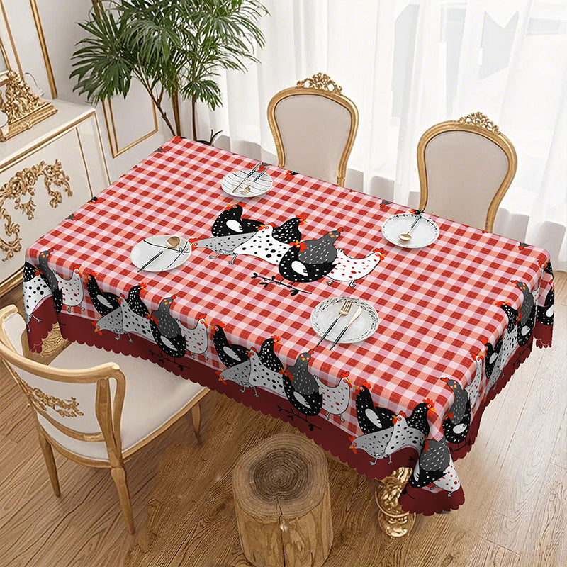 ๐ Farmhouse Rooster Tablecloth โ Red Buffalo Plaid Chicken Table Cover, Spill Proof & Scalloped Lace Edge โจ