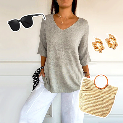 ✨ Solid Color Knitted V-Neck Top – Breathable Comfort, Minimalist Elegance & Timeless Style 💎👚