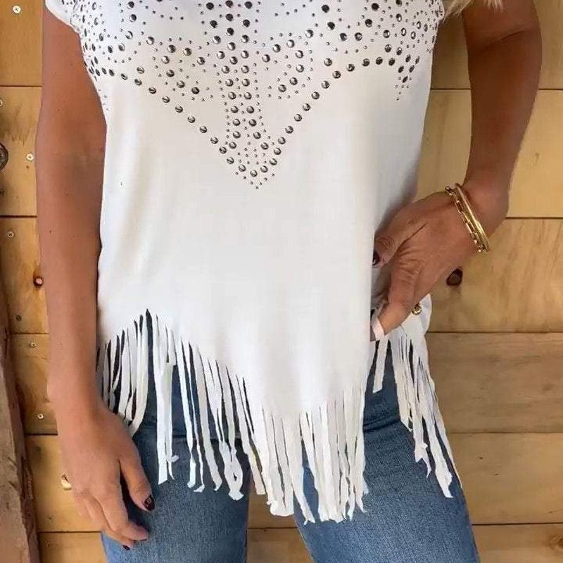 Solid Colour Short Sleeve T-shirt With Hot Print And Frayed Hem🌙