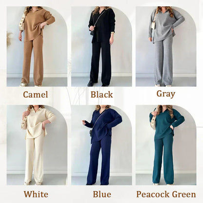 V-Neck Casual Slit Knitted Two-Piece Set