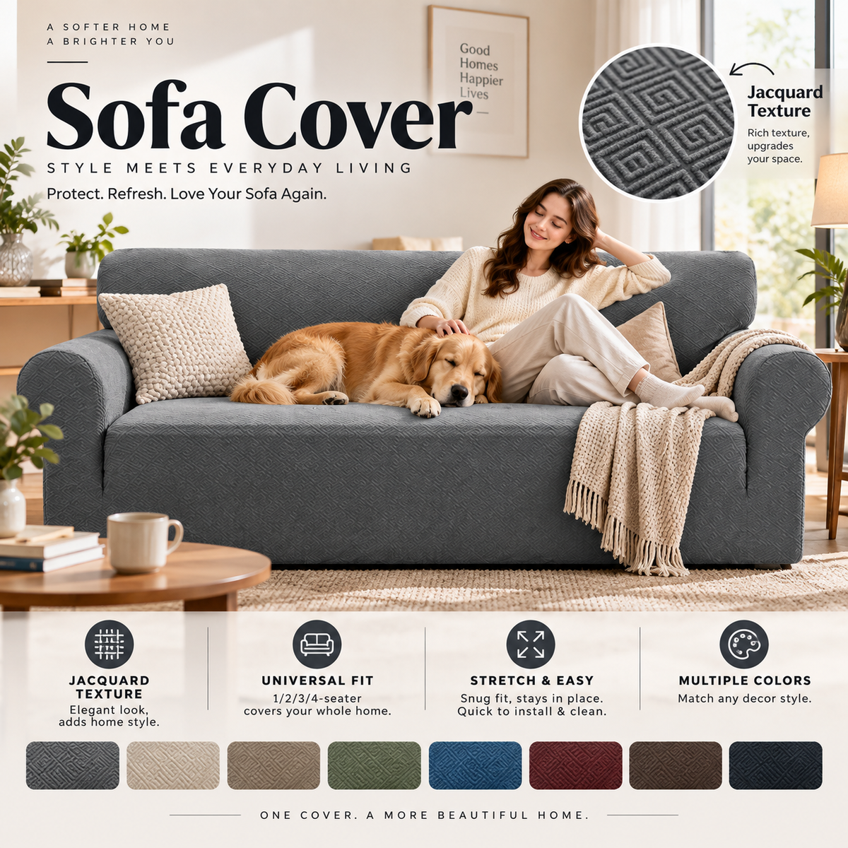 🔥Jacquard Sofa Cover with High Elasticity and Anti-slip Straps