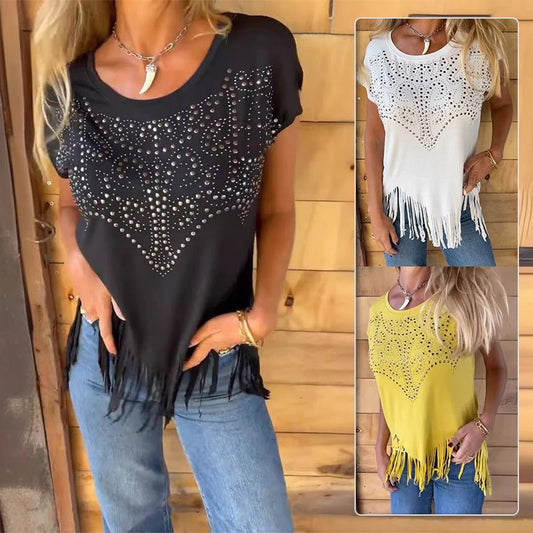 Solid Colour Short Sleeve T-shirt With Hot Print And Frayed Hem🌙