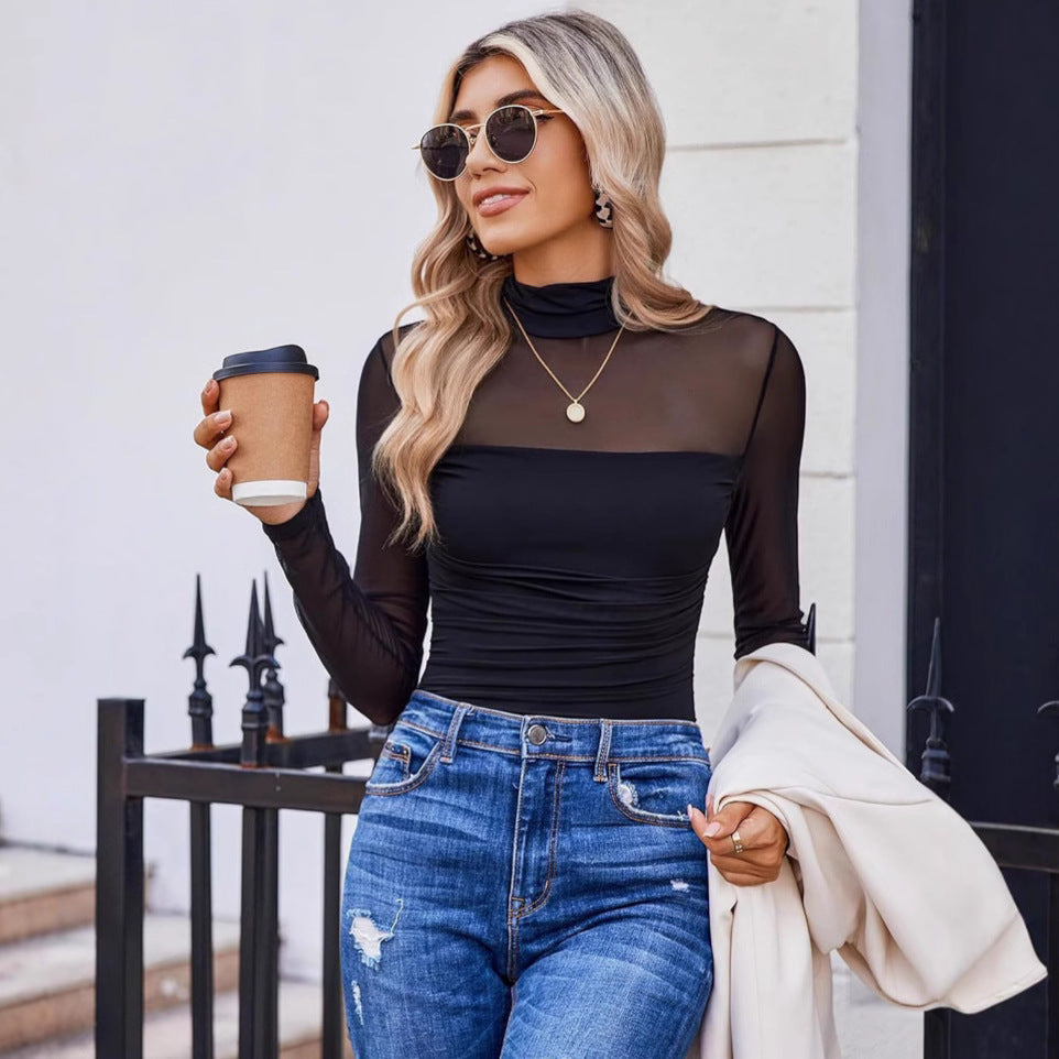 🎉Women's Sparkle Mesh Sheer Long Sleeve Ruched Top