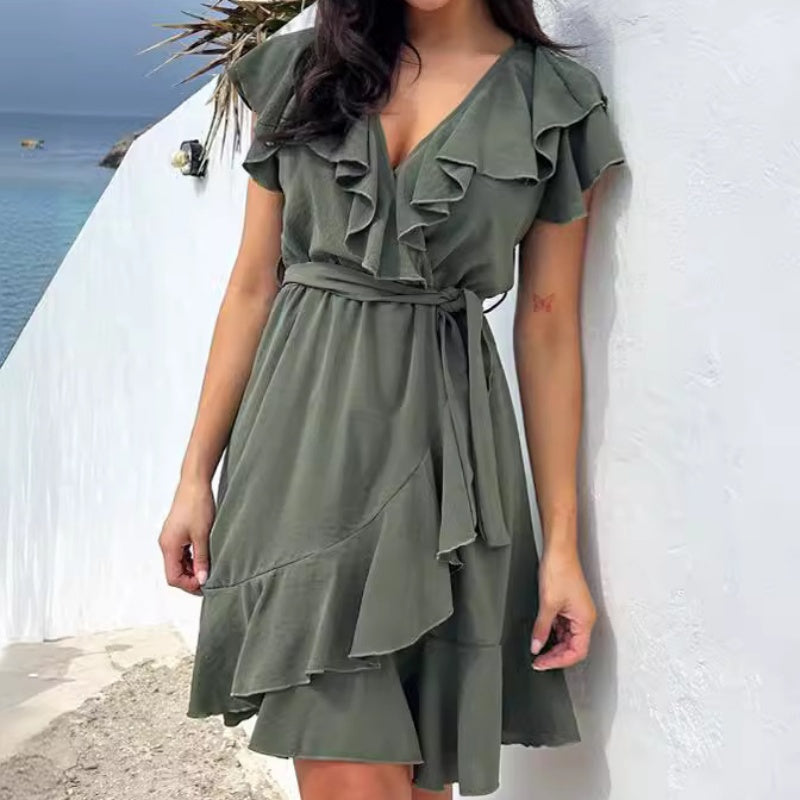 💖Women's Elegant Waist Tie V-Neck Ruffle Dress