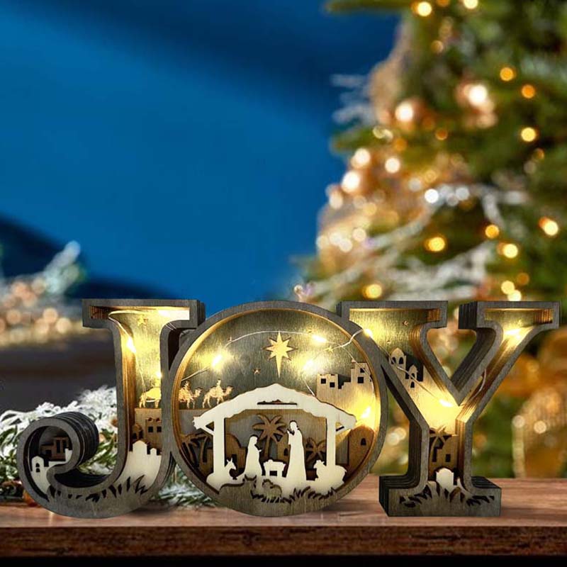 Wooden JOY Nativity Scene Christmas Ornament