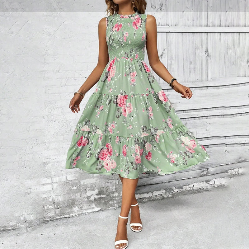 👗Women’s Sleeveless Floral Print Casual Dress – Smocked Bodice, Tiered Skirt, Midi Length ✨