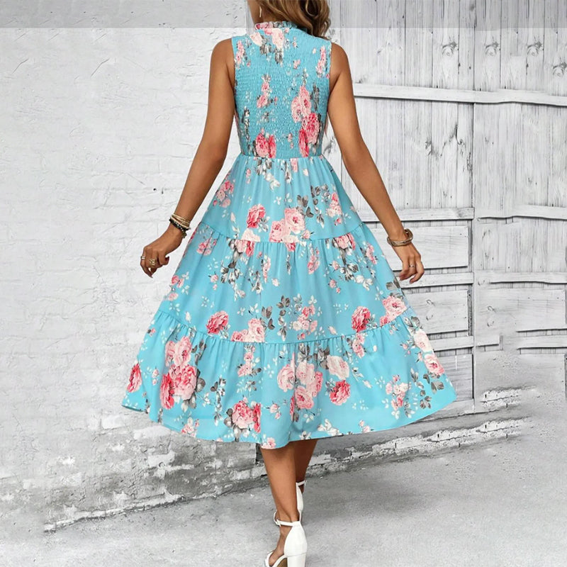 👗Women’s Sleeveless Floral Print Casual Dress – Smocked Bodice, Tiered Skirt, Midi Length ✨