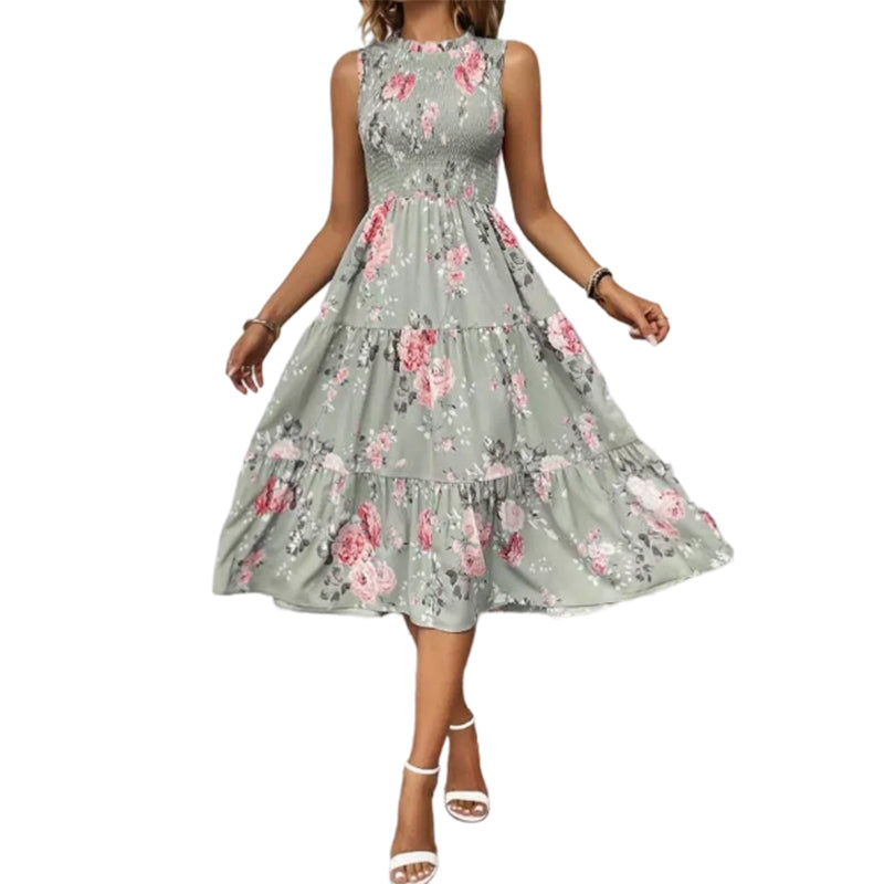 👗Women’s Sleeveless Floral Print Casual Dress – Smocked Bodice, Tiered Skirt, Midi Length ✨