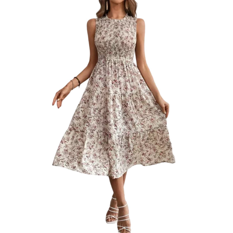 👗Women’s Sleeveless Floral Print Casual Dress – Smocked Bodice, Tiered Skirt, Midi Length ✨