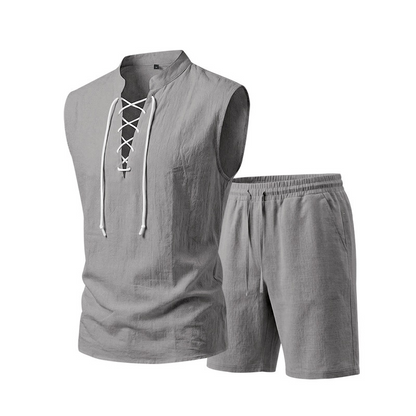 🧵 LIMITED-TIME ✨ Men's Linen Sleeveless Set – Top & Shorts, Lace-Up, 7 Colors ☀️
