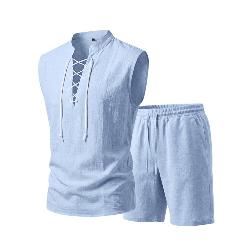 🧵 LIMITED-TIME ✨ Men's Linen Sleeveless Set – Top & Shorts, Lace-Up, 7 Colors ☀️