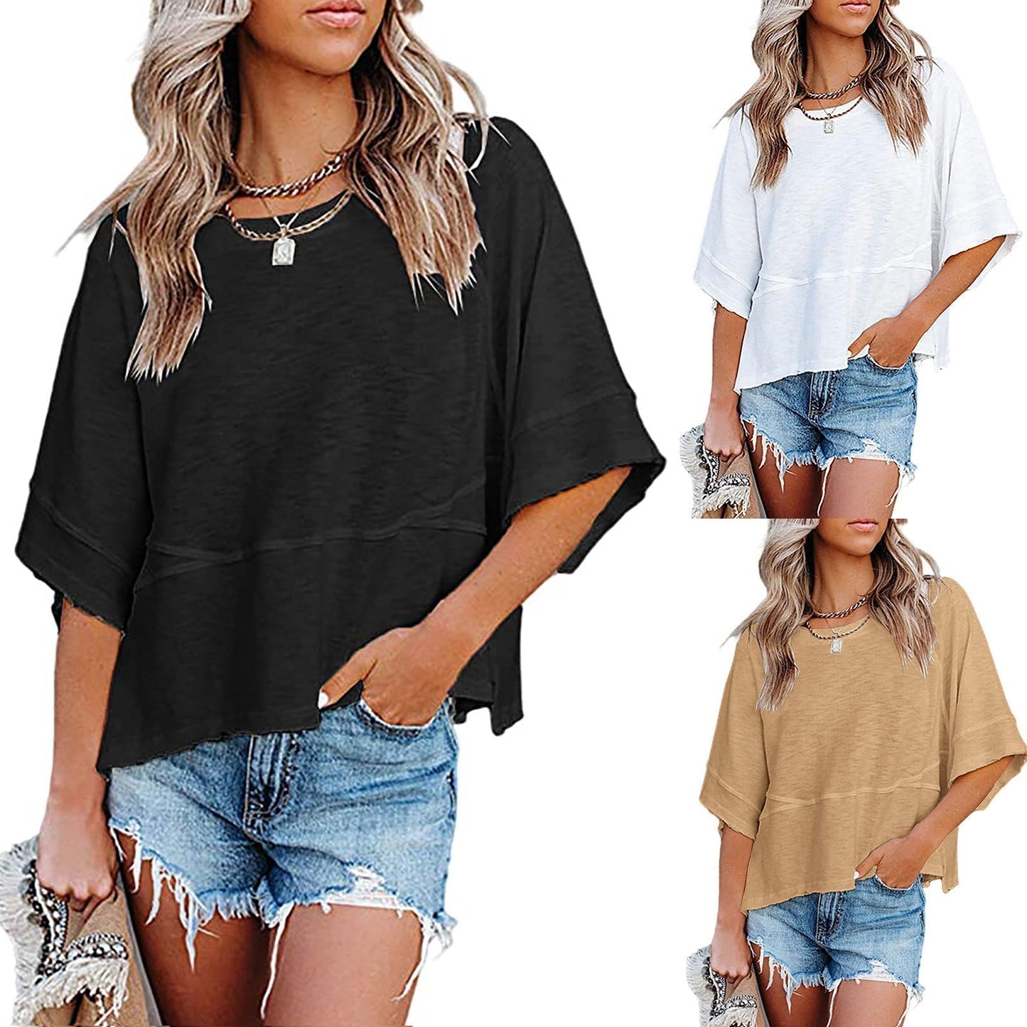 ✨Women's Solid Color Splicing Loose Five Points Flare Sleeve T-Shirt