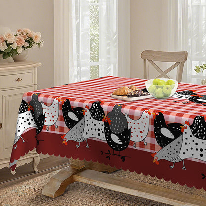 🐓 Farmhouse Rooster Tablecloth – Red Buffalo Plaid Chicken Table Cover, Spill Proof & Scalloped Lace Edge ✨