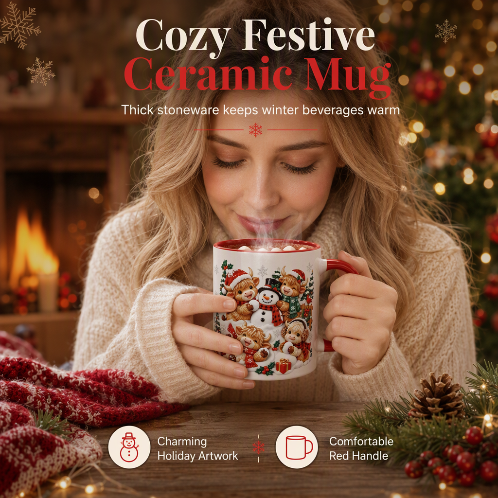 ☕✨Festive Highland Cow & Snowman Ceramic Mugs – Add a Little Christmas Magic to Every Sip!